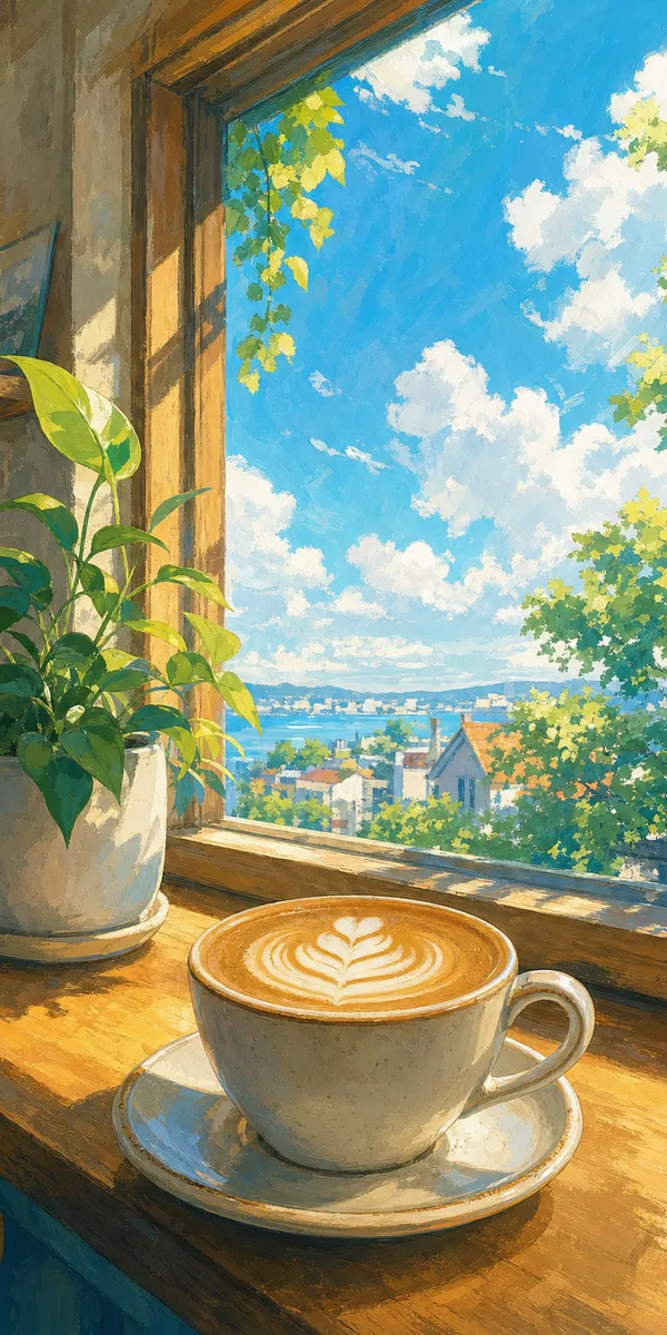 A reel: a latte on a sunny cafe counter